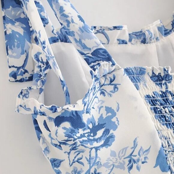 Blue Toile Floral Ruffle Midi Dress by Manu Reformation Nikita Olympia Size 4/S - Picture 9 of 16